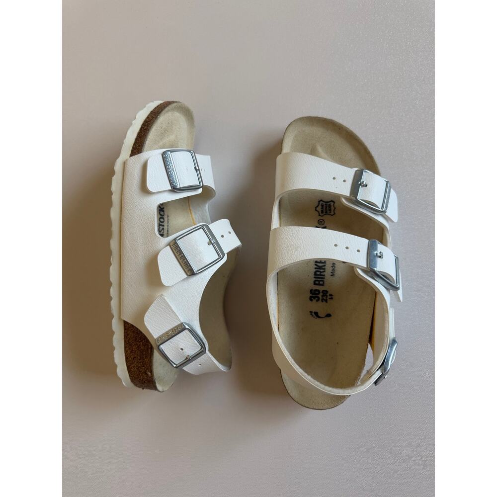 Birkenstock White Three-Strap Sandals with Silver Buckles